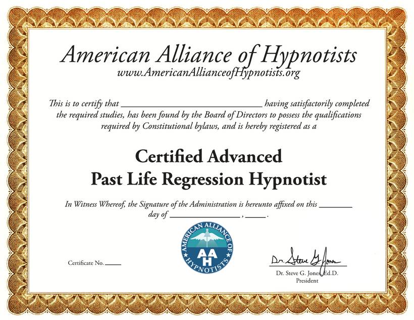 Certified Advanced Past Life Regression Hypnotist sample certificate