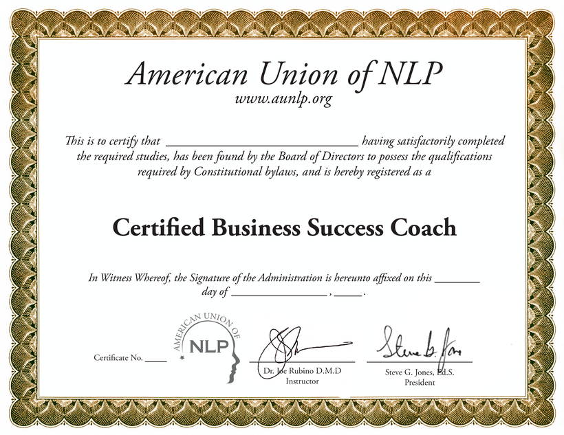 Certified Business Success Coach sample certificate
