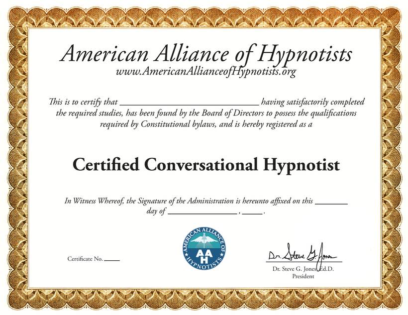 Certified Conversational Hypnotist sample certificate