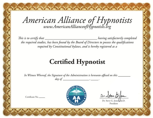 Certified Hypnotist sample certificate