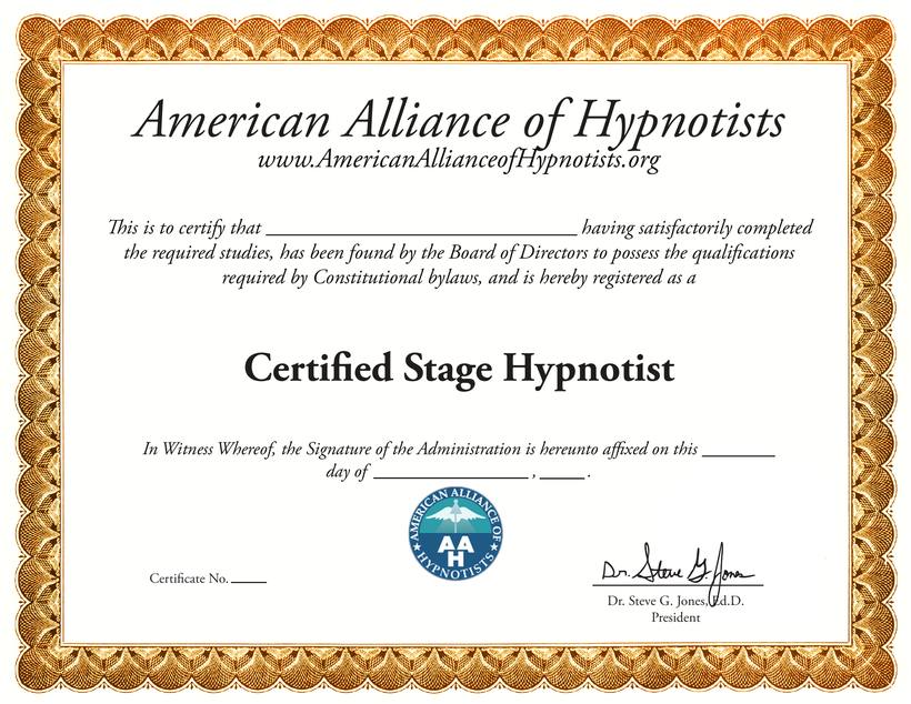 Certified Stage Hypnotist sample certificate